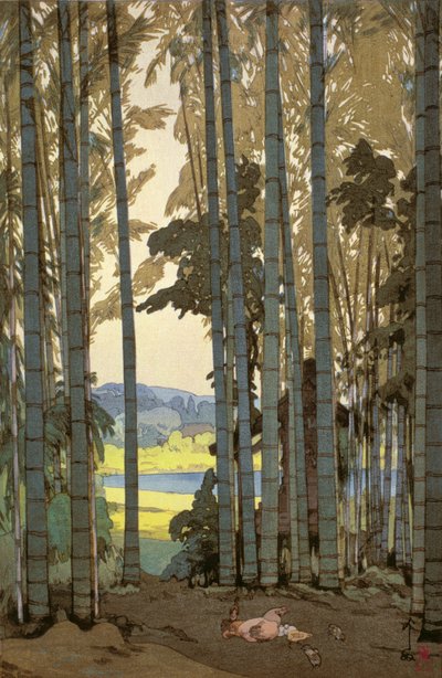 Galinhas na madeira de bambu (impressão a cores do bloco de madeira) de Hiroshi Yoshida