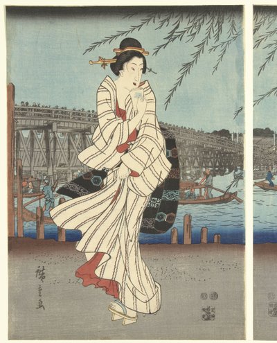 Lugares famosos na capital oriental: desfrutando de uma brisa noturna na ponte Ryogoku de Hiroshige (I) , Utagawa