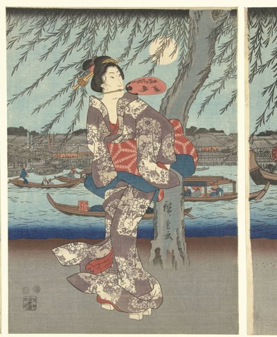 Pontos famosos na capital oriental: Desfrutar de uma brisa nocturna na ponte Ryogoku de Hiroshige (I) , Utagawa