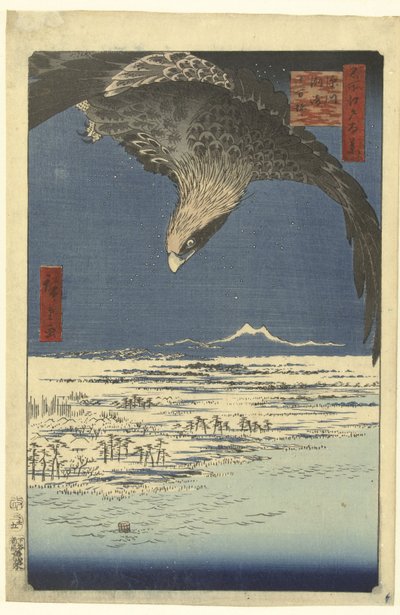 A planície de Jumantsubo em Susaki perto de Fukagawa Fukagawa Susaki Jumantsubo (título no objeto) Cem Faces Famosas em Edo (título da série) Meisho Edo hyakkei (título da série no objeto) de Hiroshige (I) , Utagawa