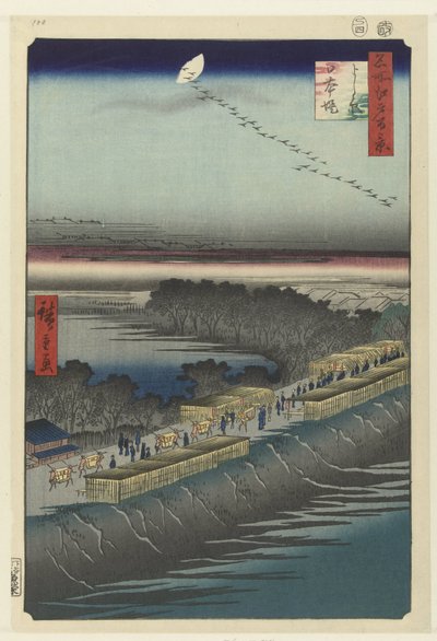 Vista do dique Nihon perto do Yoshiwara
Yoshiwara Nihonzutsumi (título sobre o objecto)
Cem rostos famosos de Edo (título da série)
Meisho Edo hyakkei (título da série sobre o objecto) de Hiroshige (I) , Utagawa