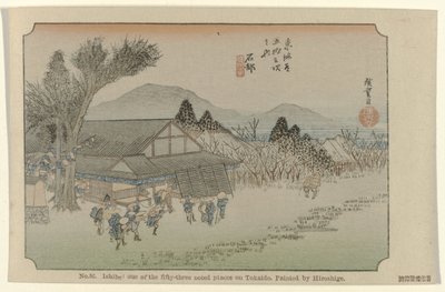 Ishibe Nº 52. Ishibe: um dos cinquenta e três lugares notáveis em Tokaido, pintado por Hiroshige (título no objeto) De Tôkaidô van Hiroshige (título da série) Hiroshige no fude Tôkaidô (título da série no objeto) de Hiroshige (I) , Utagawa