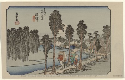 Namazu No. 13: Namazu: um dos cinquenta e três lugares notáveis em Tokaido. Pintado por Hiroshige (título no objeto) De Tôkaidô van Hiroshige (título da série) Hiroshige no fude Tôkaidô (título da série no objeto) de Hiroshige (I) , Utagawa