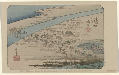Shimada Nº 24. Shimada: um dos cinquenta e três lugares notáveis em Tokaido, pintado por Hiroshige (título no objeto) De Tôkaidô van Hiroshige (título da série) Hiroshige no fude Tôkaidô (título da série no objeto) de Hiroshige (I) , Utagawa