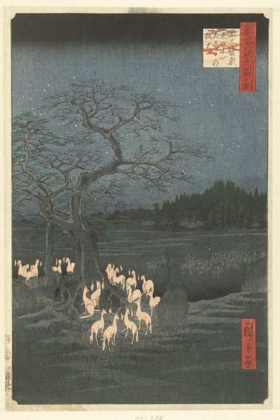 Incêndios de raposa na noite de Ano Novo na urtiga Shozoku em Oji
Oji Shozoku enoki omisoka no kitsunebi (título sobre o objecto)
Cem rostos famosos em Edo (título da série)
Meisho Edo hyakkei (título da série sobre o objecto) de Hiroshige (I) , Utagawa