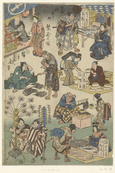 Sete barracas no mercado noturno da rua Joruri Imagem da prosperidade na rua Joruri (título da série) Jorurimachi hanka no zu (título da série no objeto) de Hiroshige (I) , Utagawa