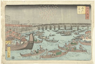 Fogos de artifício em Ryogoku Ryogoku hanabi (título no objeto) Lugares famosos em Edo (título da série) Edo meisho (título da série no objeto) de Hiroshige (II) , Utagawa