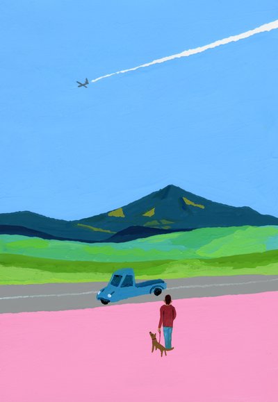 Avião e pick up caminhão e cachorro e prado de Hiroyuki Izutsu