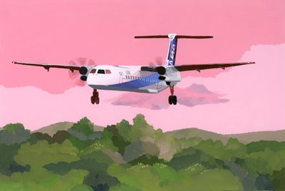 Aterragem de avião num pequeno aeródromo, 2015 (guache em papel) de Hiroyuki Izutsu