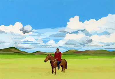 Estepes Mongóis e pessoas a cavalo, 2015 (Gouche em papel) de Hiroyuki Izutsu