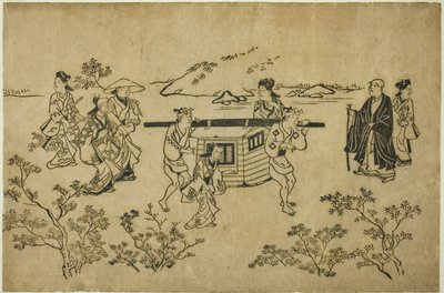 A Passing Palanquin, da série "Scenes of Flower-viewing at Ueno (Ueno hanami no tei)" de Hishikawa Moronobu