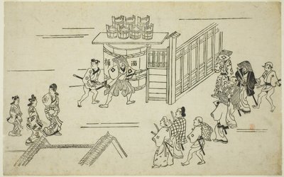 Entrada de Ageyacho, da série "A Aparição de Yoshiwara (Yoshiwara no tei)", c.1681-84 (xilogravura; sumizuri-e, oban) de Hishikawa Moronobu