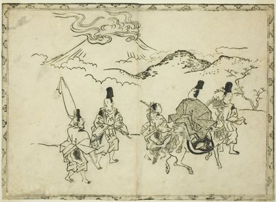 A Viagem Oriental de Narihira, do livro ilustrado "Panorama das Pinturas em Biombos e Pergaminhos Suspensos (Byobu kakemono ekagami)" de Hishikawa Moronobu