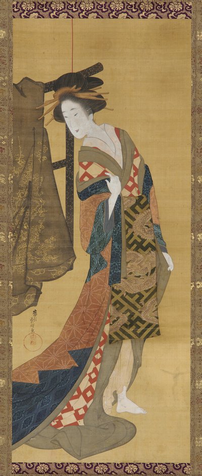 Uma cortesã em pé perto de um cabideiro, período Edo, início do século XIX. de Hishikawa Sori