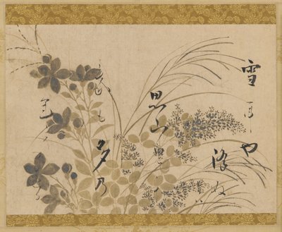 Flores, gramíneas e um poema, período Edo, 1615-1637. de Hon