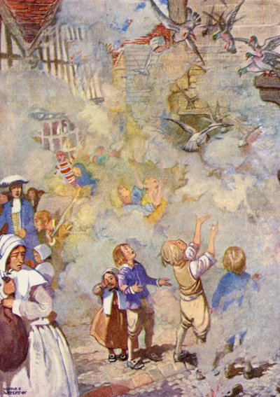 "Os pobres pombos não queriam sair de casa" (litografia a cores) de Honor Charlotte Appleton