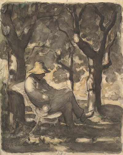 Um homem lendo em um jardim, 1825-79 (wc sobre giz preto, caneta e tinta, lavar e crayon) de Honoré Daumier