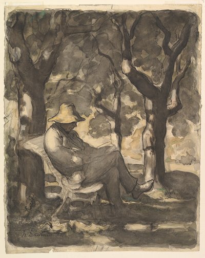Um homem lendo em um jardim reto, Esboço preliminar de um homem lendo em um jardim v ..., ca. 1865 de Honoré Daumier