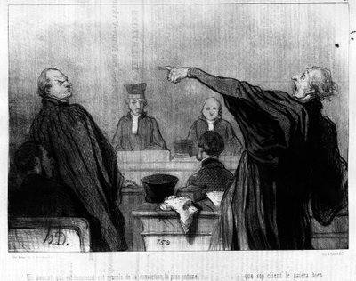 Um advogado que obviamente está cheio da mais íntima convicção... de que o seu cliente o emparelhará bem, retirado da série de desenhos animados "Gens de Justice" sobre Justiça de Honore Daumier (1808-1879). "Charivari". de Honoré Daumier