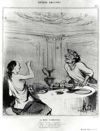 História antiga: a morte de Anacreon, caricatura para ilustrar um trecho das obras badinas de Jacques-Benigne (Jacques Benigne) Bossuet (1627-1704): "Entre queijo e pêra, Este cantor de amores folatrait depois de beber, Quando um infeliz pepepei de Honoré Daumier