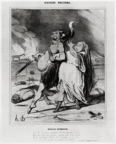 Uma história antiga: Menelas vencedora, caricatura para ilustrar um excerto da Ilíada de Homere: "Nas muralhas fumegantes da soberba Tróia, Menelas, filho dos deuses, como uma presa rica, arrebata sua loura Helena e a leva à sua corte Mais bela do que qual de Honoré Daumier