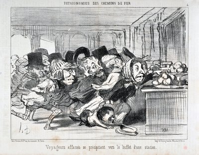 Obra de Honore Daumier (1808-1879) Charivari data de 1852: Série PHYONOMIES DES CHAIN DE FERR Viajantes famintos correndo em direção ao buffet de uma estação MUSEE DES BEAUX ARTS - PALAIS LONGCHAMP, MARSEILLE de Honoré Daumier