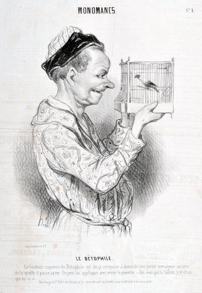 Obras de arte de Honore Daumier (1808-1879) Charivari data de 1840: Serie MONOMANES Le Betophile "A suprema felicidade de Betophile é compor em casa um pequeno menagerie no qual ele passa a sua vida. O provérbio "Diz-me quem tu assombras, eu digo-te quem de Honoré Daumier