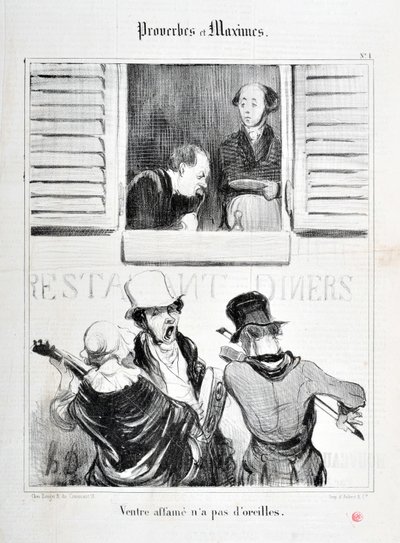 Obra de Honore Daumier (1808-1879). Charivari data de 1840: Serie PROVERBES ET MAXIMES "A fome não tem ouvidos" MUSEE DES BEAUX ARTS - PALAIS LONGCHAMP, MARSEILLE de Honoré Daumier