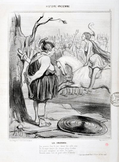 Obras de arte de Honore Daumier (1808-1879) Charivari data de 1842: Serie HISTORIE ANCIE Les Amazones. "No primeiro incêndio do dia, perante a sua nobre rainha, foram vistos cavalos domesticados e cheios de ardor. E o jovem vencedor no meio da arena rece de Honoré Daumier