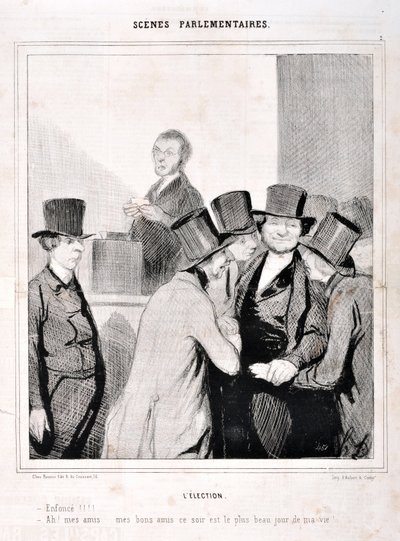 Obra de Honore Daumier (1808-1879). Charivari data de 1843: PARLAMENTÁRIO DA SERIE SCENES. A eleição "Nadar!!! "Ah meus amigos, meus bons amigos esta noite é o dia mais dia da minha vida!" MUSEU DE BELAS ARTES - PALÁCIO LONGCHAMP, MARSEILLE de Honoré Daumier