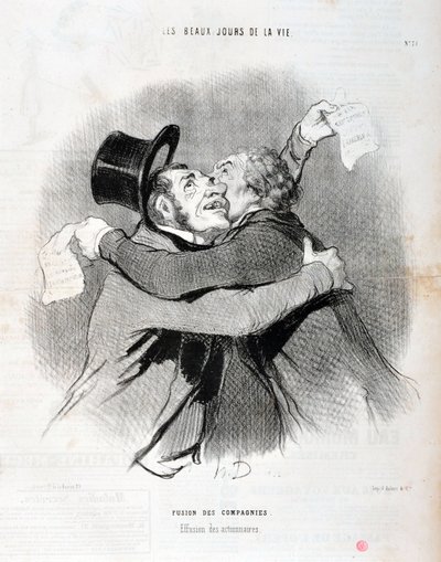 Obra de Honore Daumier (1808-1879). Charivari data de 1845: Serie LES BEAUX DAYS DE LA VIE. Fusão de empresas - Emissário de accionistas. MUSEU DE BELAS ARTES - PALÁCIO LONGCHAMP, MARSEILLE de Honoré Daumier