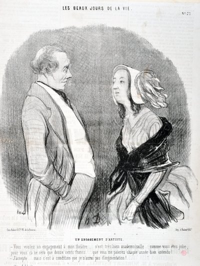 Obra de Honore Daumier (1808-1879). Charivari data de 1845: Serie LES BEAUX DAYS DE LA VIE. O compromisso de um artista "Você quer um compromisso com o meu teatro... é muito bom perder... como você é bonita para você só vai ser 1200 francos... que de Honoré Daumier