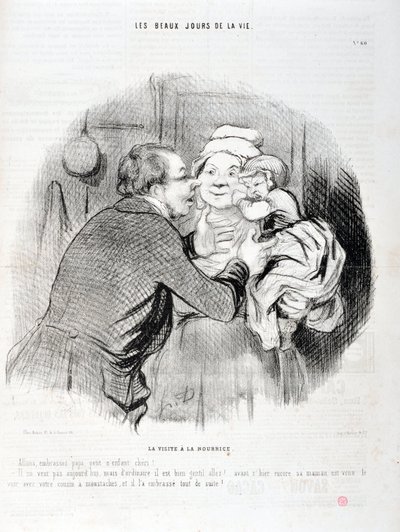 Obra de Honore Daumier (1808-1879). Charivari data de 1848: Serie Les beaux jours de la vie. A visita à enfermeira - Vamos beijar o papaizinho querido - Ele não quer hoje, mas normalmente...". MUSEU DE BELAS ARTES - PALÁCIO LONGCHAMP, MARSEILLE de Honoré Daumier