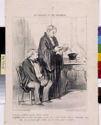 Obra de Honore Daumier (1808-1879). Charivari data de 1851: Serie LES Avocats et les litigants. "O advogado - o caso funciona, o caso funciona! A litigante - Você me diz isso há quatro anos se ela ainda estiver andando tanto tempo que eu vou acabar tendo m de Honoré Daumier