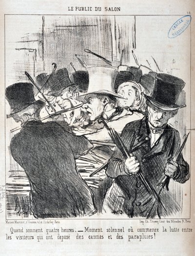 Obra de Honore Daumier (1808-1879). Charivari data de 1852: Serie LE PUBLIC DU SALON - "Quando soar quatro horas.- momento solene ou começa a luta entre visitantes que depositaram bengalas e guarda-chuvas" MUSEE DES BEAUX ARTS - PALAIS LONGCHAMP, de Honoré Daumier