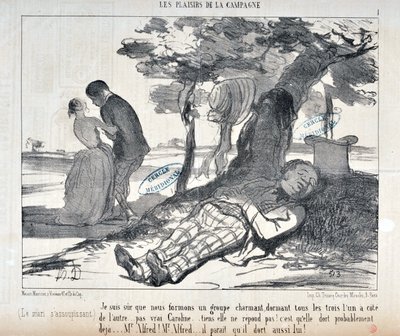 Obra de Honore Daumier (1808-1879) Charivari data de 1853: Serie LES PLAISIRS DE LA CAMPAGNE "Tenho a certeza que vamos formar um grupo encantador, os três um para o outro... certo Caroline... aqui ela não está a responder! Ela provavelmente já está a dorm de Honoré Daumier