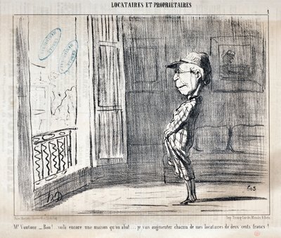 Obras de arte de Honore Daumier (1808-1879) Charivari data de 1854: Serie TENNIQUES ET OWNIRES "Sr. Vautour - Bon!... Esta é outra casa a ser abatida... Eu vou aumentar cada um dos meus inquilinos em duzentos francos"! MUSEU DE BELAS ARTES - PALÁCIO LONGCH de Honoré Daumier
