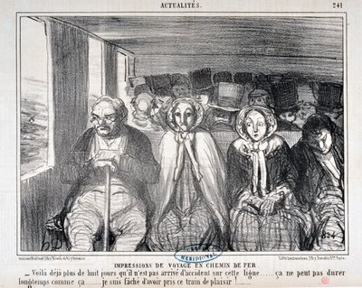 Obras de arte de Honore Daumier (1808-1879) Charivari data de 1855: Serie Actualites de voyage en railroad "- Há mais de oito dias que não aconteceu um acidente nesta linha... não pode durar muito tempo assim... Lamento ter apanhado este comboio. de Honoré Daumier