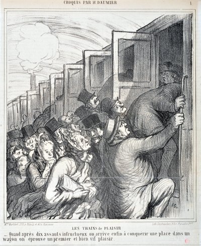 Obra de Honore Daumier (1808-1879). Charivari data de 1864: Serie Sketch Les trains de plaisir "- Quando após dez assaltos mal sucedidos conseguimos finalmente conquistar um lugar num vagão, experimentamos um primeiro e muito animado prazer" MUSEE DES BEAU de Honoré Daumier