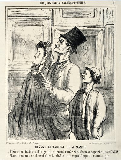 Obras de arte de Honore Daumier (1808-1879) Charivari data de 1865: Serie CRUQUIS PAUIT AU SALON Devant un tableau by Manet "-Why diable cette grosse femme rouge et en chemise s