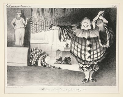 Baissez le rideau, la farce est jou?e. (Abaixe a cortina, a farsa acabou.), pl. 421 da revista La Caricature no. 201 de Honoré Daumier