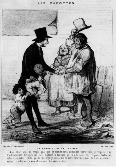 Candidato a visita eleitoral em uma família de camponeses: "A Cenoura das Eleições" - desenho animado por Daumier, em "Charivari" de 21/03/1844 de Honoré Daumier