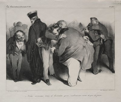 Caricatura, chapa 439: Somos todos homens honestos, então vamos abraçar e acabar com isso, 1834. de Honoré Daumier