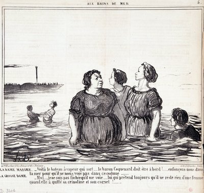 Desenho animado sobre as aparências e a moda. Série "Les Bains de Mer": "A senhora magricela (...), a senhora gorda (...)" Gravação de Honore DAUMIER (1808-1879). Extracto do jornal "Le Charivari" de 16 de Setembro de Honoré Daumier