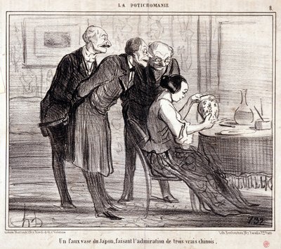 Desenho animado sobre coleccionadores de arte. Série "Potichomania": "Um vaso falso do Japão admirando três chineses." Gravação por Honore DAUMIER (1808-1879). Extrato do jornal "Le Charivari". de Honoré Daumier
