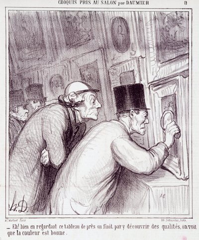 Desenho animado sobre os amantes de arte. Série "Sketch tirado no Salão por Daumier": "Eh! bem olhando para este quadro, acabamos por descobrir qualidade, vemos que a cor é boa". Gravura de Honore DAUMIER (1808-1879). Extracto do jornal "Le Chari de Honoré Daumier