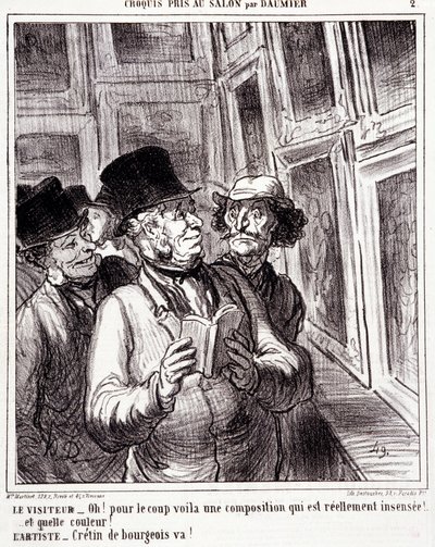 Desenho animado sobre os amantes de arte. Série "Sketch tirado no Salão por Daumier": "Visitante: Oh! pois o golpe aqui é uma composição realmente insensata (...). Artista: Cretino burguês, vai! "Gravação por Honore DAUMIER (1808-1879). Extracto do jornal  de Honoré Daumier