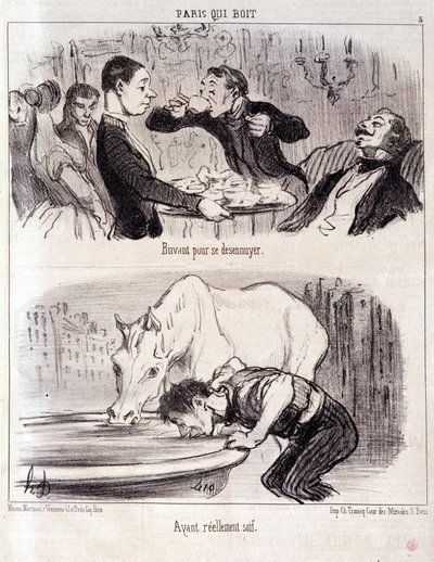 Desenho animado sobre abuso gastronómico. A Serie Paris a beber: "Beber para se aborrecer". Realmente sedento." Gravação por Honore DAUMIER (1808-1879). Extracto do jornal "Le Charivari" 16 Junho 1852 Dim 37x26cm Inv D 2310 - caixa 24 N¡5. Marselha, Musee  de Honoré Daumier