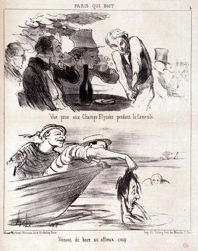 Desenho animado sobre abuso gastronómico. Série "Paris qui boire": "Vista tirada nos Campos Elísios durante a onda de calor. Acabou de beber um golpe terrível." Gravado por Honore DAUMIER (1808-1879). Extracto do jornal "Le Charivari" de 5 de Junho de Honoré Daumier