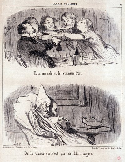 Desenho animado sobre abuso gastronómico. Serie "Paris qui bebe": "num armário da casa d
